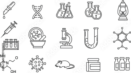 Scientific research icon set, laboratory tools vector, medical and chemistry symbols, black line style, educational science illustration