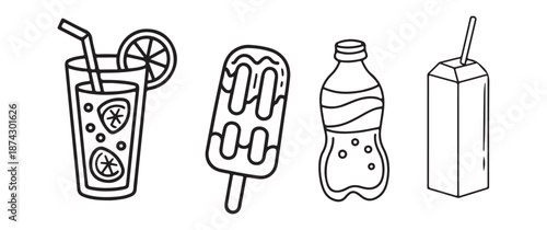 Collection of Summer Drink and Treat Icons Including Lemonade, Popsicle, and Water Bottle