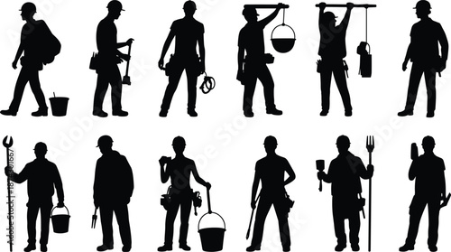 Collection of worker silhouettes with tools, construction labor professions, industrial handyman jobs, isolated black vector illustration set on white background
