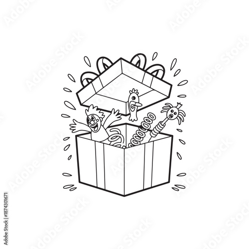 April fools day Surprising Gift Box with Toys and Confetti Popping Out Line Art Illustration