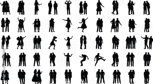 Silhouette pairs of people, human interaction grid, diverse poses, social behavior study, abstract design, crowd pattern, body language illustration, artistic concept