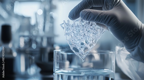 Researcher Examining a Transparent Biomaterial Sponge Floating in Liquid in a High-Tech Laboratory