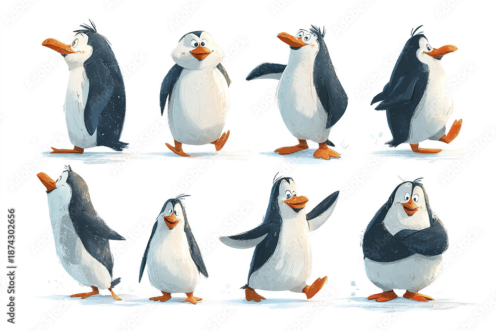Obraz premium Cartoon penguin characters in various playful poses and expressions, featuring simple geometric shapes and vibrant colors, creating cheerful and lively atmosphere