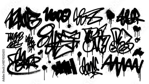 Urban Graffiti Abstract Doodles Vector Illustration Sheet in Black Ink Grunge Punk Street Art Style