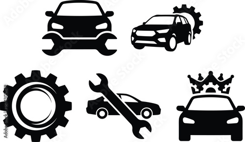 Black vector collection of automotive service logos featuring car silhouettes with wrenches gears and crowns for professional auto repair garage branding and maintenance shop identity