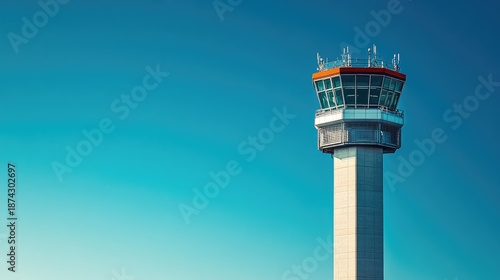 Modern Air Traffic Control Tower with Clear Blue Sky and Bright Sunlight Overhead, Symbolizing Aviation and Safety in the Transportation Industry