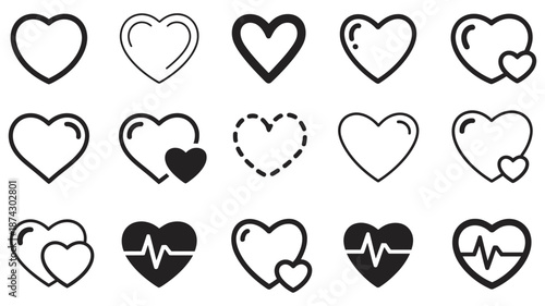 Set of hearts icons in black color, heart simple, heart shaped metal, heart with stroke, valentines day icons, minimal vector icons, love and romance symbols, flat design, isolated on white background