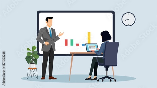 Wallpaper Mural Man Presenting Growth Chart. Prensenting concept. Full length animation illustration. High quality 4k footage Torontodigital.ca