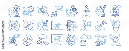 Space Exploration icon collection. Containing design Space Time, Space Laws, Space Anomaly, Space Observatory, Space Walk