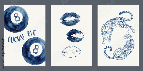 Navy blue minimalist wall art set. Hand drawn indigo illustration with symbolic motifs, modern abstract design, artistic printable poster