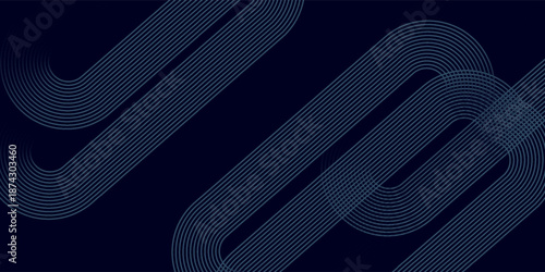 Dark blue abstract background with glowing geometric lines. Modern shiny blue diagonal rounded lines pattern.