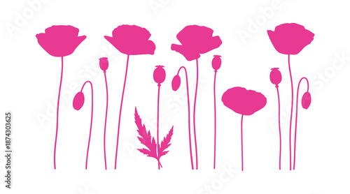 Abstract illustrations of poppy flowers in a collection.
Wildflowers used for creating botanical art backgrounds. A simple and minimalist set of artwork.