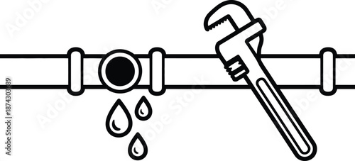Leaking pipe with adjustable wrench, plumbing repair, leaking pipe, adjustable wrench, plumbing, repair, water droplets, line drawing, black and white, illustration, maintenance, fix, leak, dripping