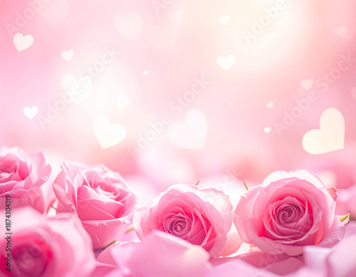 Pink roses in full bloom with floating hearts. Tender and soft-hearted love concept.