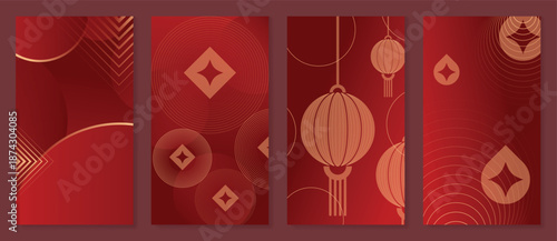 Happy Chinese New Year 2026 lantern vector poster set with red gradient background, floral line art, and hanging lanterns. Elegant traditional design for greeting cards, invitations and banners.	