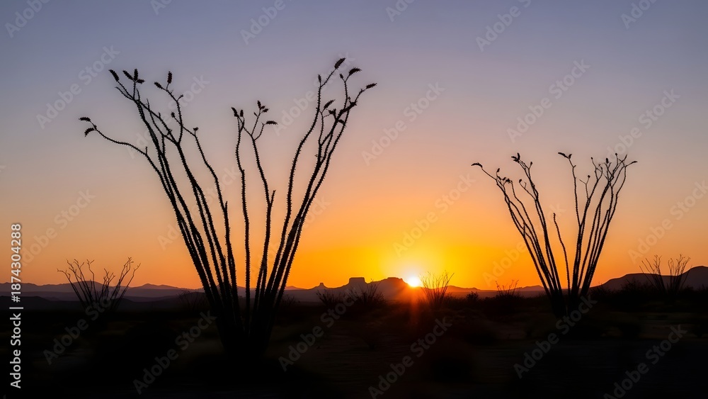 Fototapeta premium Silhouette of desert plants against a vibrant sunset sky. Arizona landscape and wild nature travel concept. Tall cactus and dry shrubs standing in the arid sand at dusk in the wilderness