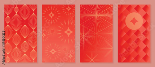 Happy Chinese New Year 2026 lantern vector poster set with red gradient background, floral line art, and hanging lanterns. Elegant traditional design for greeting cards, invitations and banners.	