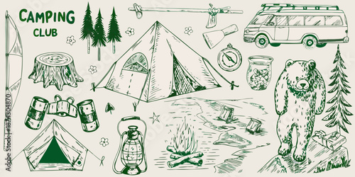 A charming collection of hand drawn camping and outdoor adventure elements