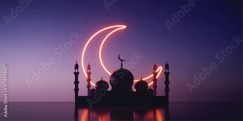 Mosque Silhouette with Luminous Neon Crescent
