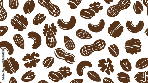 Flat silhouette icons of nuts arranged in a seamless pattern. The vector background highlights a variety of dry nuts and seeds, including almond, cashew, peanut, walnut, and pistachio.