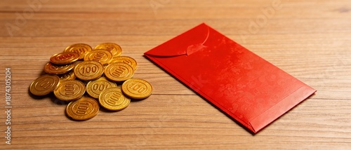 Chinese New Year Red Envelope and Gold Coins on Wooden Table