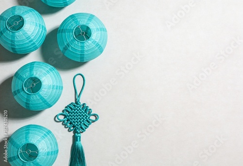 Modern Teal Chinese New Year Paper Lanterns on White Background