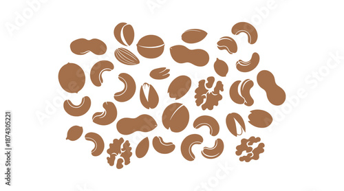 A seamless design displaying flat silhouette icons of nuts. The vector background consists of an assortment of dry nuts and seeds such as almond, cashew, peanut, walnut, and pistachio.