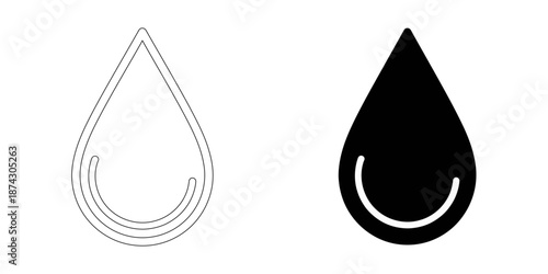 Water drop icon with line art and solid silhouette styles, isolated vector illustration of liquid, oil, or blood droplet.