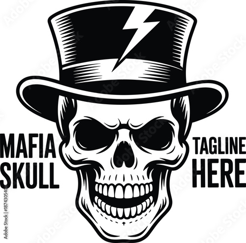 Mafia skull logo illustration with top hat and lightning bolt, bold monochrome gangster style vector design for branding, apparel, tattoos