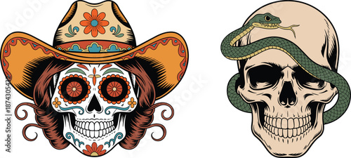 Mexican sugar skull cowgirl illustration and spooky skull with snake vector set colorful tattoo style halloween design artwork