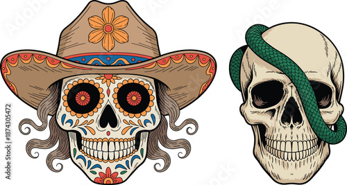 Mexican sugar skull cowgirl illustration with cowboy hat and skull snake tattoo style vector art for halloween western branding design