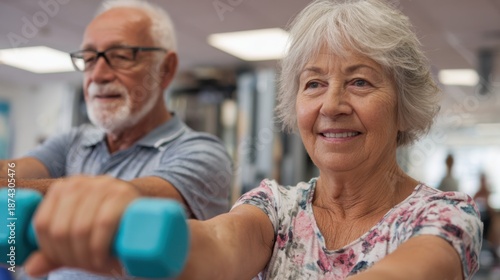 Senior couple engaging in gentle arm resistance training with physiotherapist guidance clean rehab space with equipment and mirrors faintly out of focus.