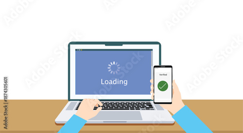 Two factor authentication code verify. 2FA with laptop and smartphone. User login with password and verification code.  2FA, MFA Multi-factor authentication concept. SMS code