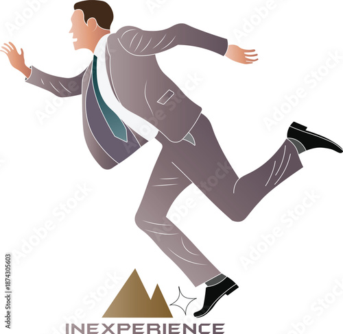 Inexperienced businessman in a suit stumbling forward after bumping his shoe in a stumbling block. 