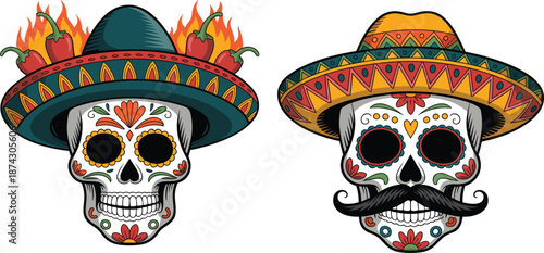 Mexican sugar skull illustration with sombrero hats chili peppers fire and mustache Day of the Dead vector design festive artwork