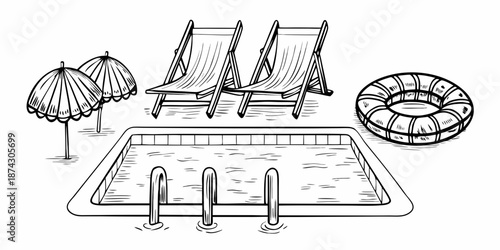 Black and white sketch of a poolside scene with lounge chairs and accessories