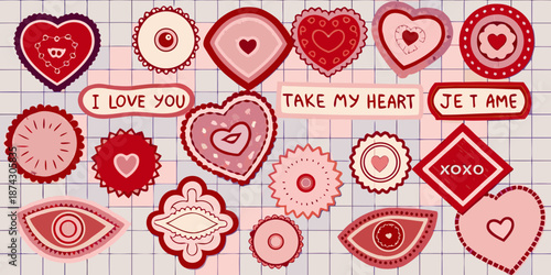 A collection of decorative heart patches and love themed phrases on pink