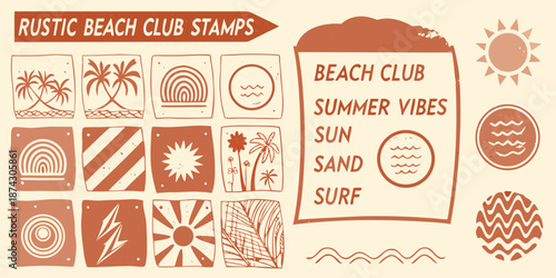 Rustic beach club stamps and summer vibes illustrations in terracotta tones
