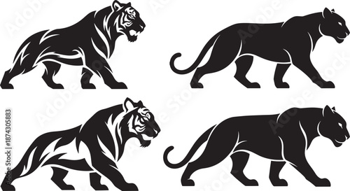 Black panther and tiger silhouettes collection in powerful tribal style, fierce big cat vector icons for logos, tattoos, mascots, branding, and graphic design