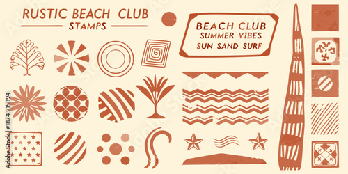 Collection of rustic beach club stamps and summer themed graphic elements