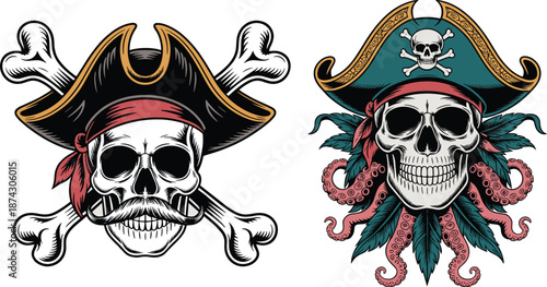 Pirate skull vector illustrations featuring crossed bones octopus tentacles vintage nautical style for tattoo logo branding design apparel merchandise posters