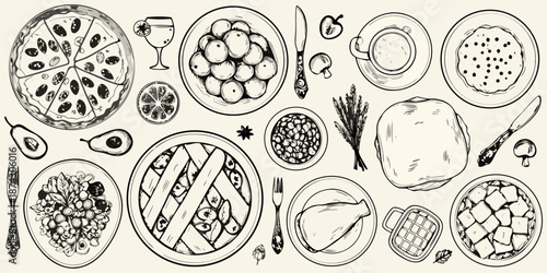 A charming sketch of various foods including fruit pizza and pastries