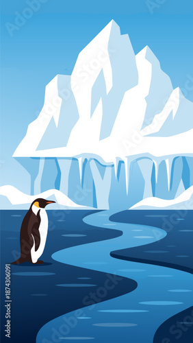 Abstract vector illustration of a floating iceberg with a river flowing beneath, symbolizing hidden depths and natural water pathways, rendered in cool blue tones