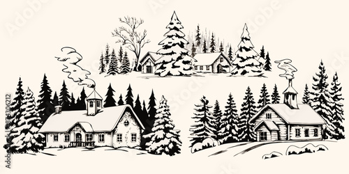 A winter scene depicting cozy cabins and snow covered trees in a forest