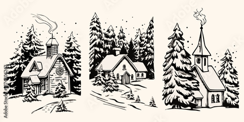 Charming winter cottages nestled among snow covered evergreen trees in a scenic landscape