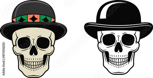 Skull illustration set wearing classic bowler hats, modern cartoon and monochrome styles, clean vector artwork for logos, branding, apparel