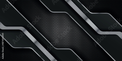 Modern black abstract background with shiny metallic lines design. Futuristic technology vector concept with metallic mesh background. Vector Illustration EPS. 4