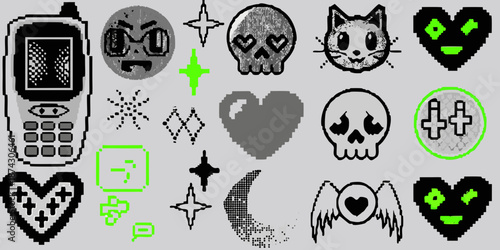 A collection of pixelated gothic and kawaii style icons on a gray background