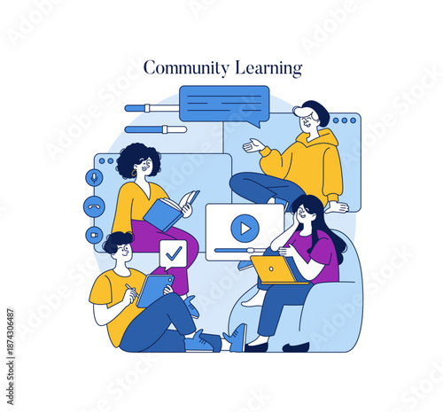 Group Learning Session with Digital Tools Vector Illustration