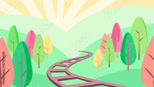 A winding path through a vibrant and colorful cartoon forest at sunrise